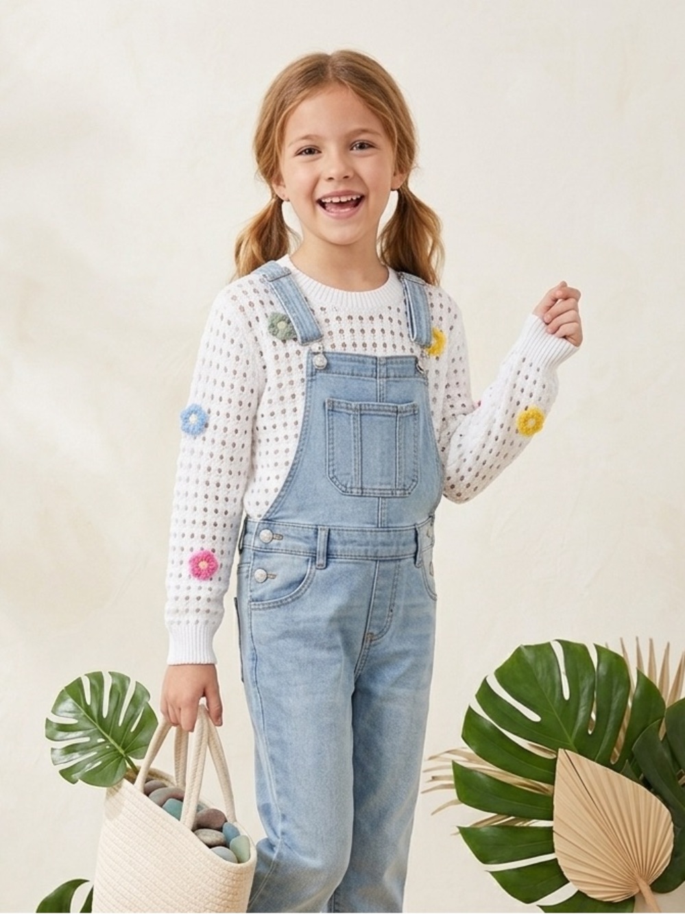 Girls White Open Knit Sweater | Crochet Floral Applique Long Sleeve Pullover